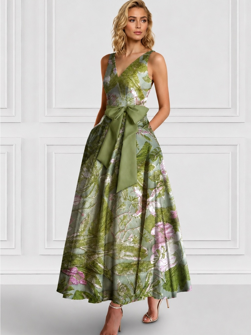 Green Floral V-Neck A-Line Evening Dress with Sash